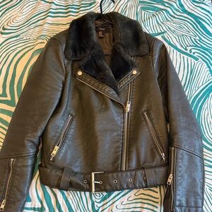 Forever 21 Black Faux Leather Jacket with Fur Collar